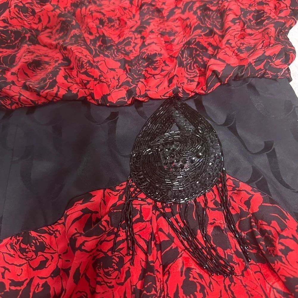 Vintage 100% silk 80s Comenzar black red‎ midi beaded gothic cocktail dress